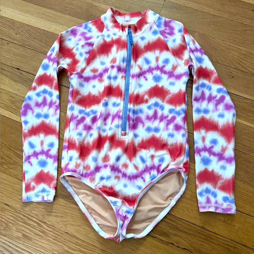 Crewcuts Girls’ 6-7Y UPF 50+ Long Sleeve Zip Front Tie Dye Rashguard Swimsuit
